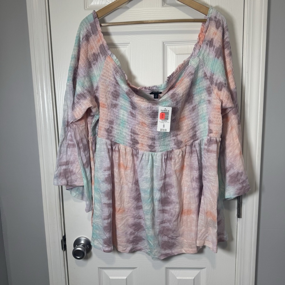 Torrid Pastel TieDye Smocked Off-Shoulder Bell Sleeve Babydoll‎ Top Women 5X 5